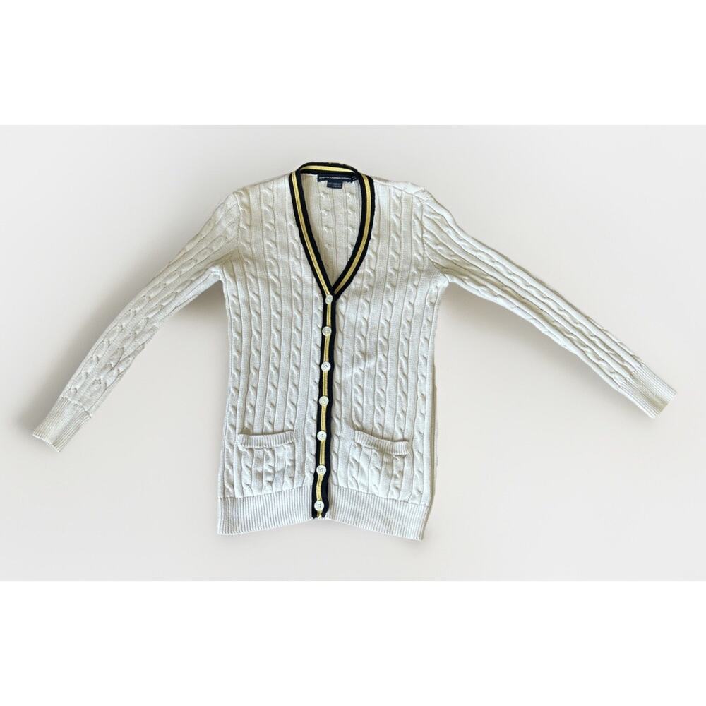 Vintage 90s Ralph Lauren Sport Cable Knit Striped Long Cardigan Sweater Cotton M - Picture 2 of 6